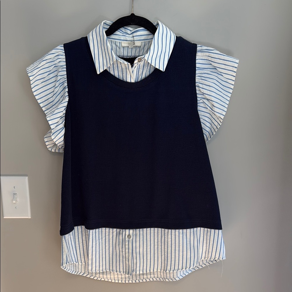 Entro Blue and White Striped Button Down Shirt
With faux sweater vest